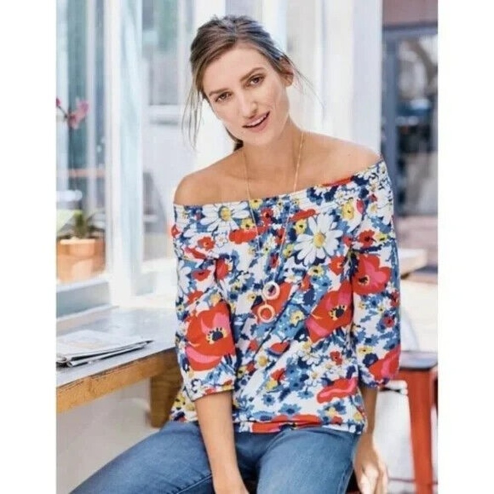Boden Edie Smocked Off The Shoulder Blue/ Pink Poppy Floral Blouse Size 12 Top